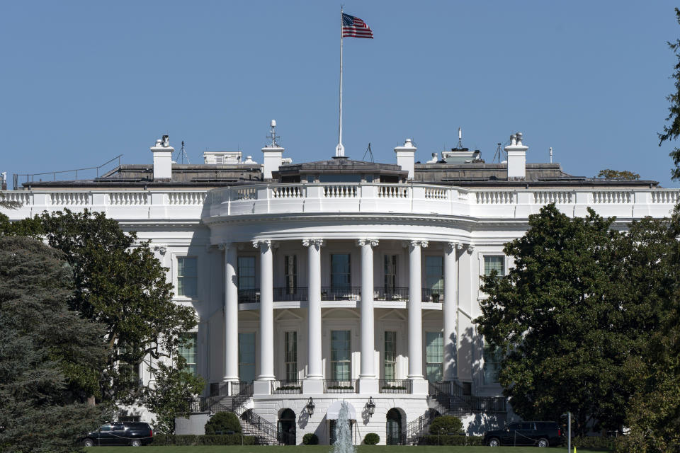 The White House and South Lawn on Thursday, Oct. 8, 2020, in Washington. (AP Photo/Jacquelyn Martin)