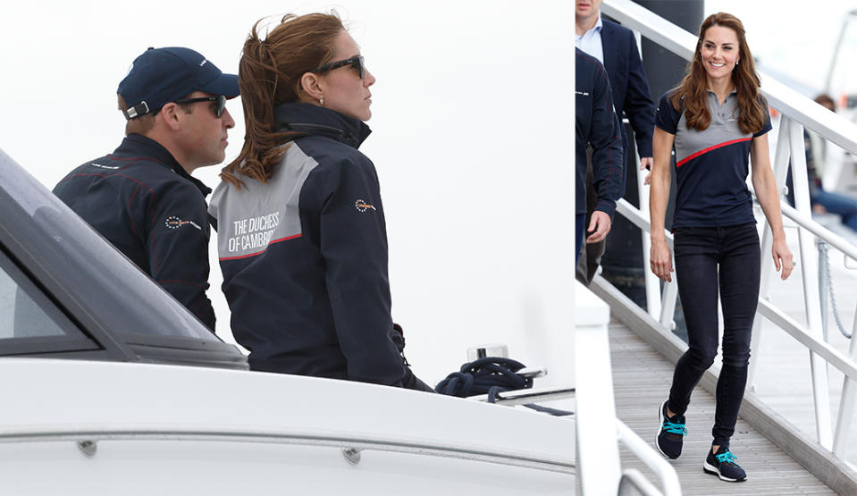 The Duchess of Cambridge wearing sneakers and customized sailing gear at America’s Cup World Series in Portsmouth, England