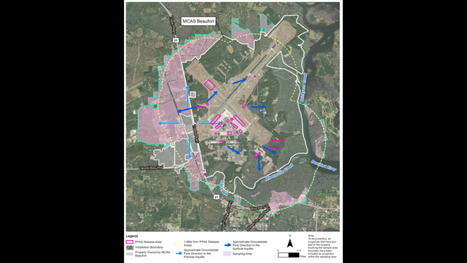 The map shows release areas on the base and locations off the base where residents are being asked if they want samples collected from drinking water wells.