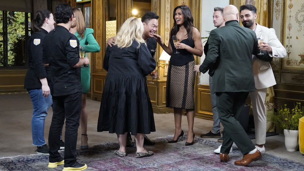 TOP CHEF -- "Fin" Episode 2014 -- Pictured: (l-r) Sara Bradley, Buddha Lo, Padma Lakshmi, Tom Goetter, Ali Al Ghzawi -- (Photo by: Fred Jagueneau/Bravo)