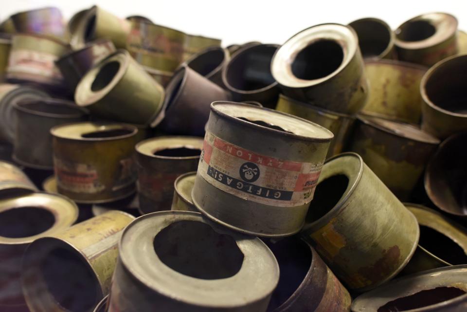 Empty Zyklon B canisters are displayed former German Nazi concentration and extermination camp Auschwitz in Oswiecim