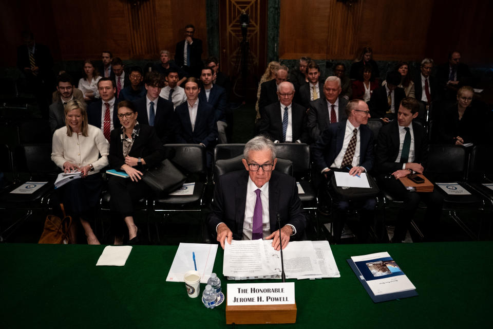 WASHINGTON, DC - MARCH 7: Federal Reserve Chairman Jerome Powell arrives for a Senate Banking, Housing and Urban Affairs Committee hearing at the Capitol Hill on March 7, 2024 in Washington, DC. . Mr. Powell testified at the hearing. 