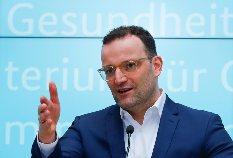 German Health Minister Jens Spahn addresses a news conference during the spread of the coronavirus disease (COVID-19) in Berlin, Germany, March 19, 2020. REUTERS/Fabrizio Bensch