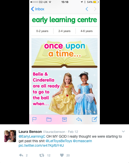 Parents have called out Early Learning Centre for promoting gender stereotyping [Photo: Twitter/@lauracbenson]