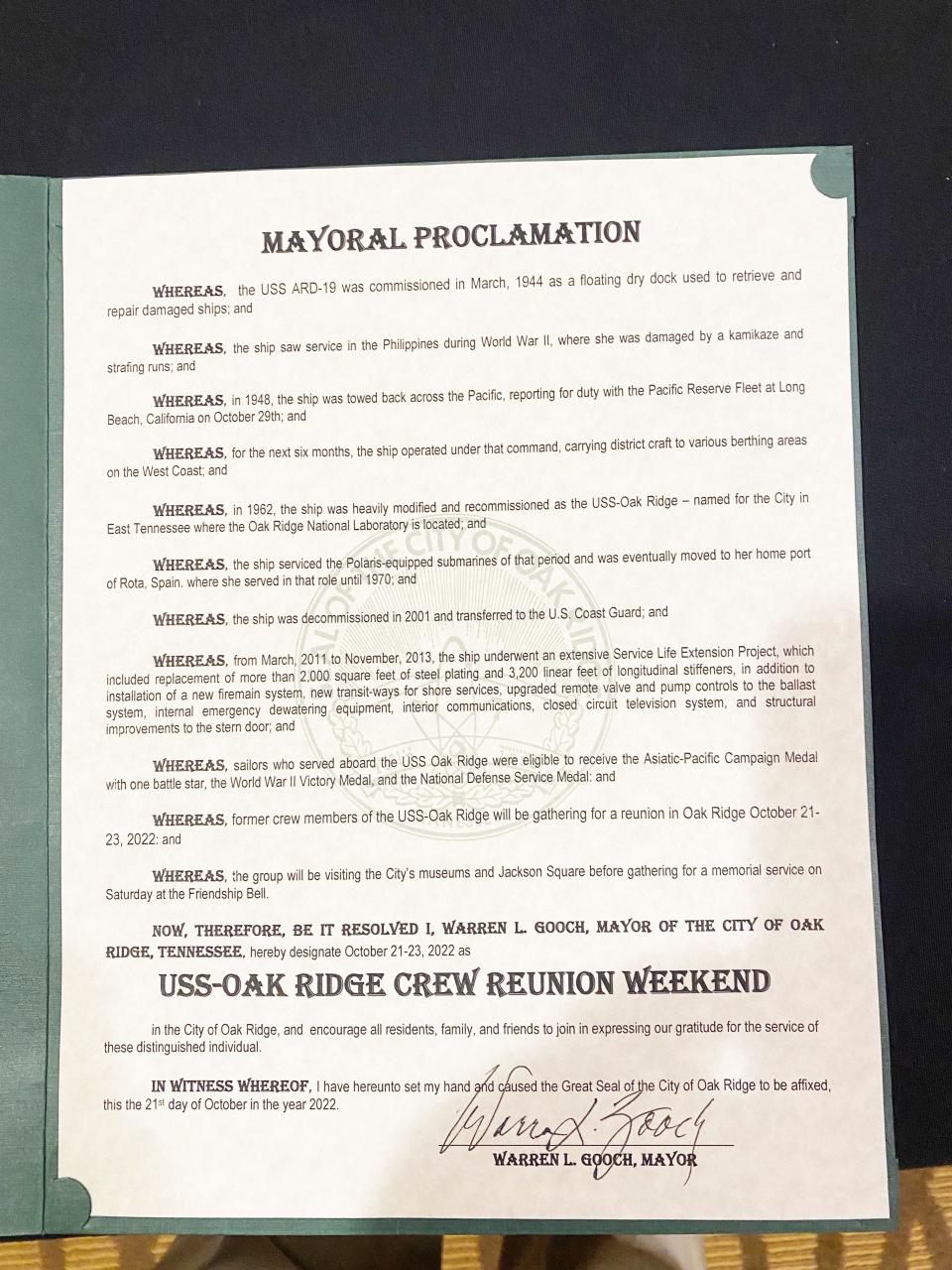 City of Oak Ridge Mayoral Proclamation.