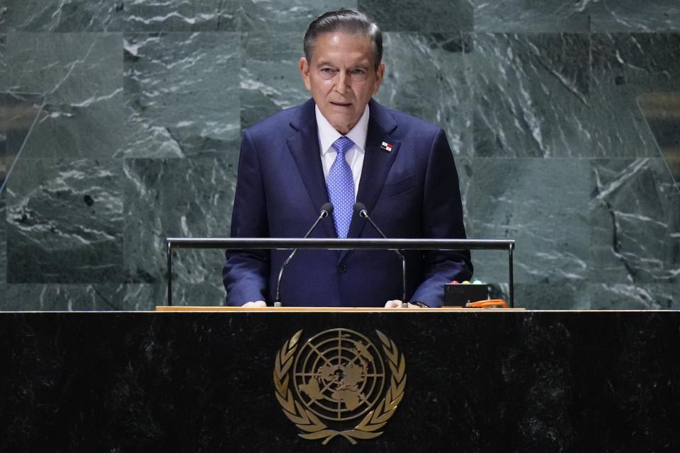 Laurentino Cortizo, President of Panama, addresses the 78th session of the United Nations General Assembly, Tuesday, Sept. 19, 2023 at U.N. headquarters. (AP Photo/Frank Franklin II)