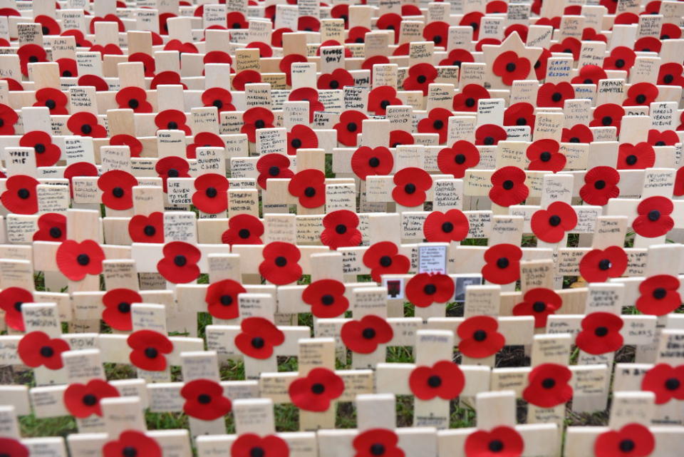 <p>Crosses with poppy are pictured outside Westminster Abbey in memory of the victims of WWI, London on November 6, 2018. (Photo from Alberto Pezzali/NurPhoto via Getty Images) </p>