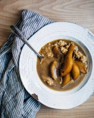 Amaranth Porridge With Earl Grey Poached Pears in a bowl