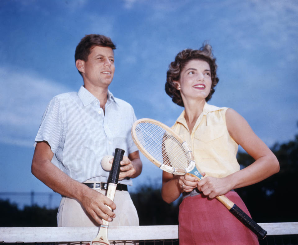 Bouvier and her fianc&eacute;, Sen. John Kennedy, play tennis at Hyannis Port.