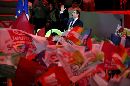 Benoit Hamon, French Socialist party 2017 presidential candidate, delivers his speech at a campaign rally in Paris, France, March 19, 2017. REUTERS/Charles Platiau