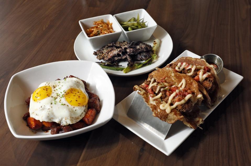 From left to right, the Thit Kho Thom Hash, Bulgogi steak and Chicken Hot Cake Tacos from the Woodbury.