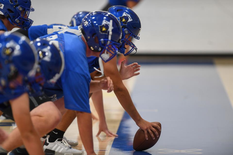 Canton varsity football players practice drills at Canton High School in Canton, South Dakota on Tuesday, Aug. 22, 2023.