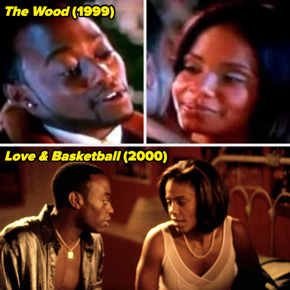 Scenes from "The Wood" (1999) show Omar Epps and Sanaa Lathan. Scenes from "Love & Basketball" (2000) show Omar Epps and Sanaa Lathan talking