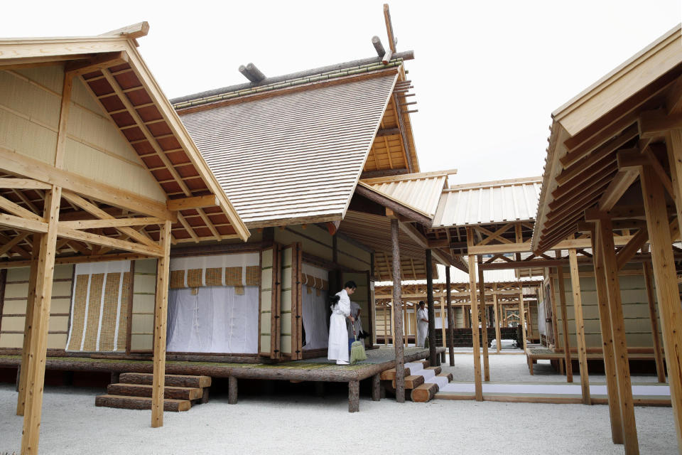 The Sukiden, center, one of two main halls is seen at ritual venue called Daijokyu at the Imperial Palace in Tokyo, Wednesday, Nov. 13, 2019. Japan’s Emperor Naruhito will perform his first harvest ritual since ascending to the Chrysanthemum Throne on Nov. 14, 2019. It’s called Daijosai, or great thanksgiving festival, the most important imperial ritual that an emperor performs only once in his reign. (Fumine Tsutabayashi/Kyodo News via AP)