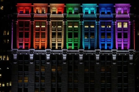 The Helmsley Building is lit in rainbow color ahead of the 50th anniversary of the Stonewall riot, in New York