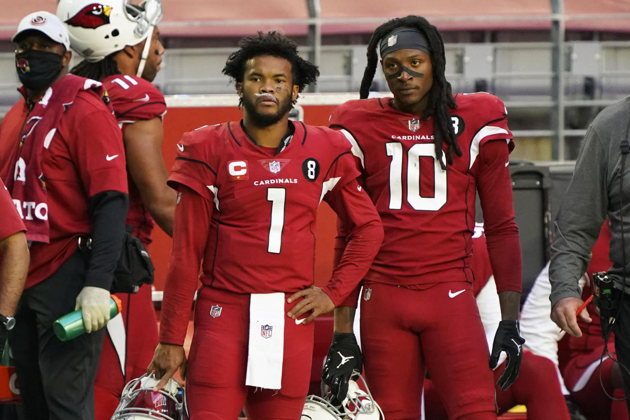 The Arizona Cardinals released star wide receiver DeAndre Hopkins (10) on Friday, so what does that mean for Kyler Murray? (AP Photo/Rick Scuteri)