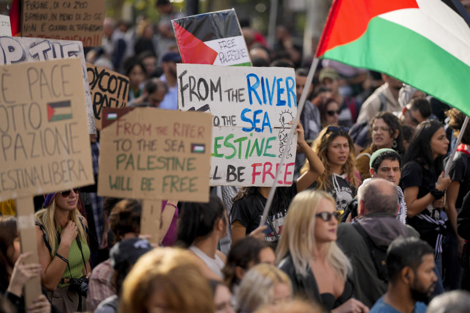 FILE - Protesters gather for a pro-Palestinian demonstration, in Rome, on Oct. 28, 2023. Antisemitism is spiking across Europe after Hamas' Oct. 7 massacre and Israel's bombardment of Gaza, worrying Jews from London to Geneva and Berlin. (AP Photo/Andrew Medichini, File)