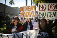 <p>DACA recipients and supporters protest for a clean Dream Act outside Disneyland in Anaheim, Calif., Jan. 22, 2018. (Photo: Lucy Nicholson/Reuters) </p>