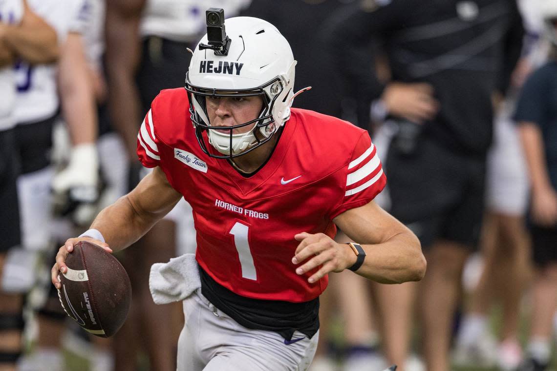 TCU quarterback Hauss Hejny (1) runs upfield in a TCU football Spring Scrimmage at Amon G. Carter Stadium in Fort Worth on Saturday, April 27, 2024.