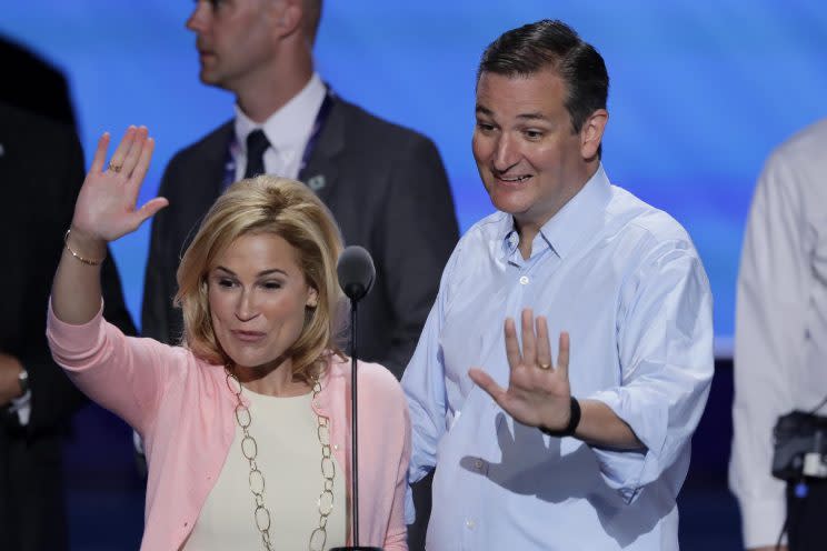 Sen. Ted Cruz, R-Tex., and wife Heidi wave from the podium during a sound check before the third day of the Republican National Convention in Cleveland, Wednesday, July 20, 2016. (Photo: J. Scott Applewhite/AP)