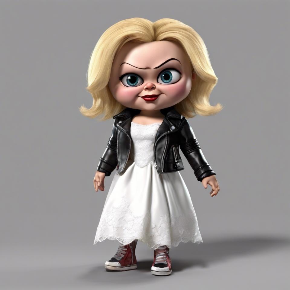 AI 3d version of Tiffany from "Bride of Chucky" in a black leather jacket and white dress, with a confident expression