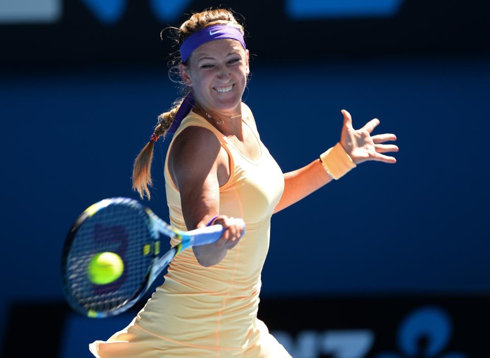 Belarus's Victoria Azarenka hits a return against Sloane Stephens of the US during their women's singles semi-final match on day 11 of the Australian Open tennis tournament in Melbourne on January 24, 2013. 