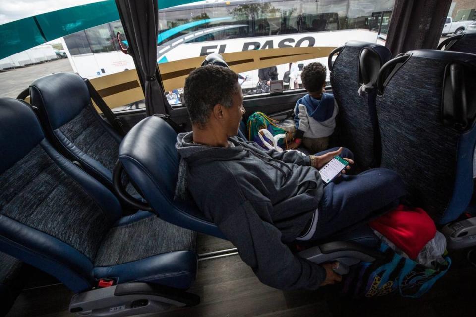 Three-year-old Moises, the son of Kristian Gonzalez Perez and Katiuska Leal Moreno, looks out the window as his bus gets ready to head out to New York City from the Migrant Welcome Center in El Paso, Texas.

Venezuelan Migrant Nyc2278