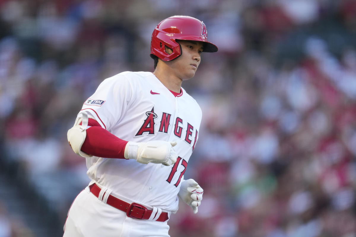 Los Angeles Angels designated hitter Shohei Ohtani wears a jersey with his  nickname SHOWTIME on the back as he bats during the Major League Baseball  game against the Houston Astros at Angel