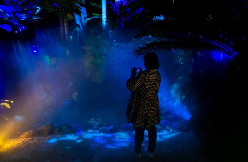 A guest boosts their social media at Fairchild Tropical Botanic Garden’s outdoor light show, NightGarden: A Magical Light Spectacular.