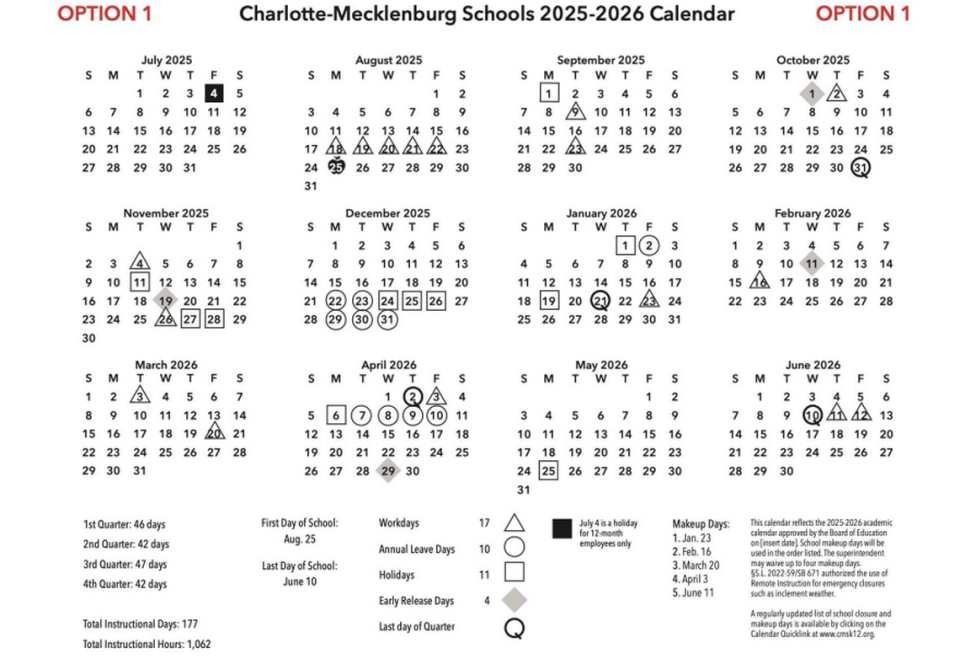 The first option for the 2025-26 calendar for Charlotte-Mecklenburg Schools.