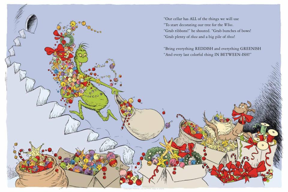 A page from How the Grinch Lost Christmas features the Grinch bounding up the stairs, carrying an overflowing bag of Christmas ornaments. Max the dog, in a holiday bow below and surrounded by open boxes of ornaments, looks up at him expectantly.