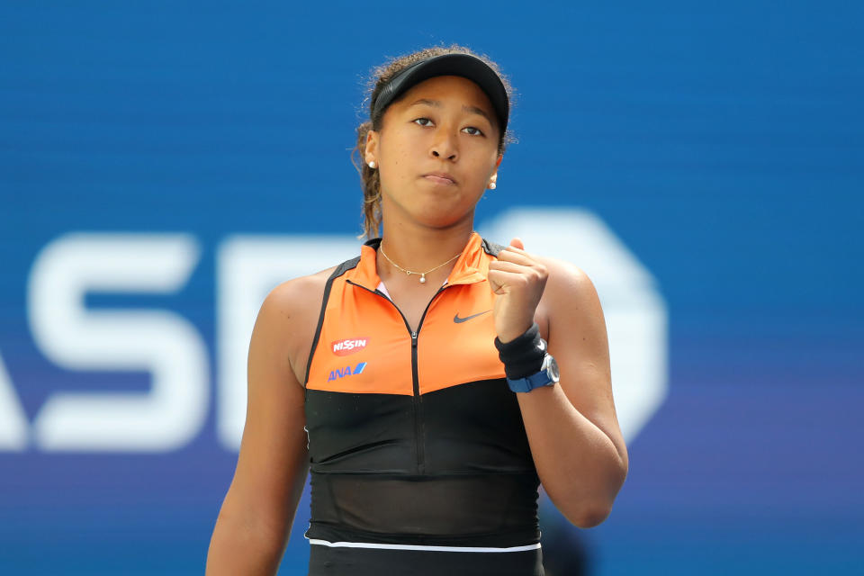 NEW YORK, NEW YORK - AUGUST 27:  Naomi Osaka of Japan reacts to a match point against Anna Blinkova of Russia during their Women's Singles first round match on day two of the 2019 US Open at the USTA Billie Jean King National Tennis Center on August 27, 2019 in the Flushing neighborhood of the Queens borough of New York City. (Photo by Elsa/Getty Images)