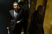 Chinese Foreign Minister Wang Yi approaches the podium before addressing the 74th session of the United Nations General Assembly, Friday, Sept. 27, 2019, at the United Nations headquarters. (AP Photo/Craig Ruttle)