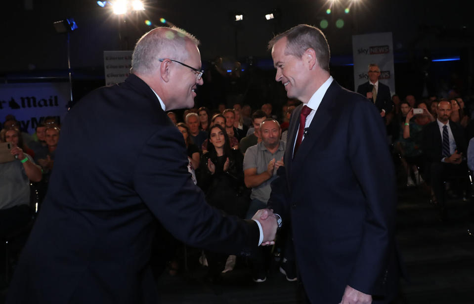 Prime Minister Scott Morrison (left) and Leader of the Opposition Bill Shorten shake hands before the People's Forum debate in Brisbane 