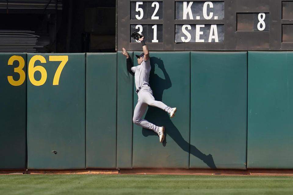 New York Yankees left fielder Joey Gallo catches a fly ball hit by Oakland Athletics' Matt Chapman during the eighth inning of a baseball game in Oakland, Calif., Saturday, Aug. 28, 2021. (AP Photo/Jeff Chiu)