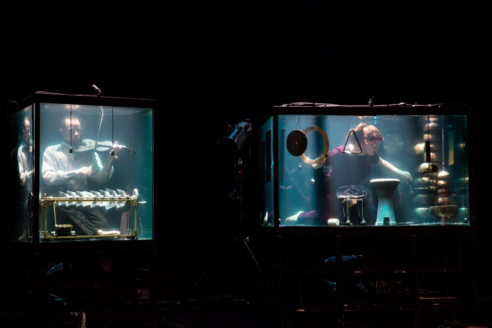 Robert Karlsson and Dea Marie Kjeldsen perform underwater ahead of a performance of AquaSonic at Hong Kong's New Vision Arts Festival, Oct. 25, 2018.