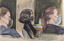 In this courtroom sketch Ghislaine Maxwell, center, is framed between two U.S. marshals during her sex-abuse trial, Tuesday Dec. 7, 2021, in New York. (Elizabeth Williams via AP)