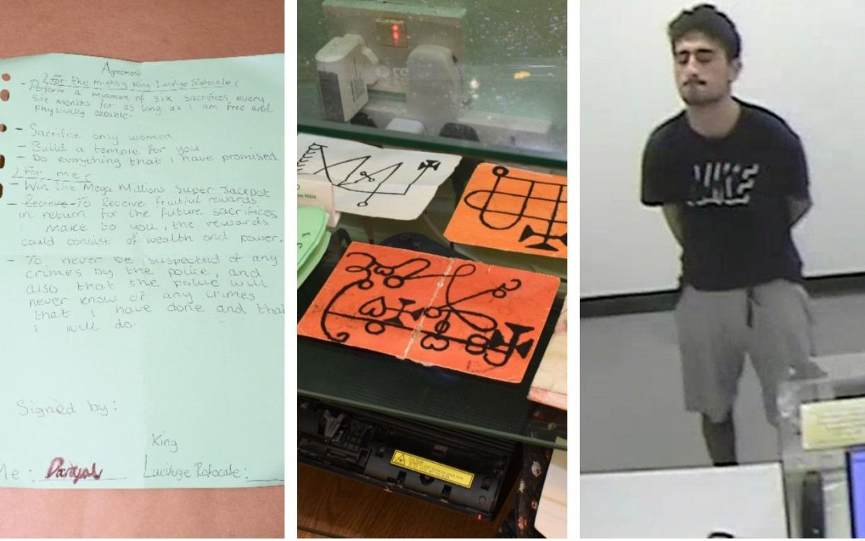 Danyal Hussein, pictured on his arrest, and his satanic drawings and notes