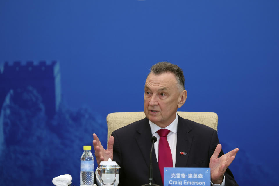 Australia's former Trade Minister Craig Emerson speaks at the 7th China-Australia High Level Dialogue at the Diaoyutai State Guesthouse in Beijing Thursday, Sept. 7, 2023. (Florence Lo/Pool Photo via AP)