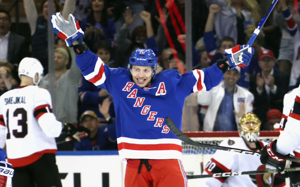  Artemi Panarin #10 of the New York Rangers celebrates his third period goal against the Ottawa Senators at Madison Square Garden on April 15, 2024. 