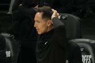 Brooklyn Nets head coach Steve Nash reacts to a call during the second half of Game 4 of the NBA Eastern Conference basketball semifinals game against the Milwaukee Bucks Sunday, June 13, 2021, in Milwaukee. (AP Photo/Morry Gash)