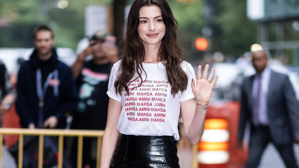 new york, new york october 06 anne hathaway is seen in the upper west side on october 06, 2023 in new york city photo by gothamgc images