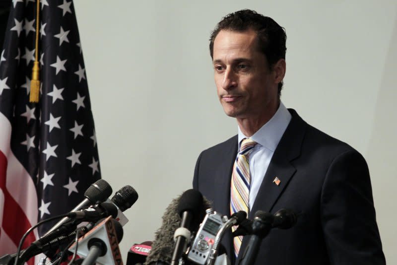 Rep. Anthony Weiner speaks at a press conference after announcing his resignation at the Council Center For Seniors in New York City on June 16, 2011. File Photo by John Angelillo/UPI