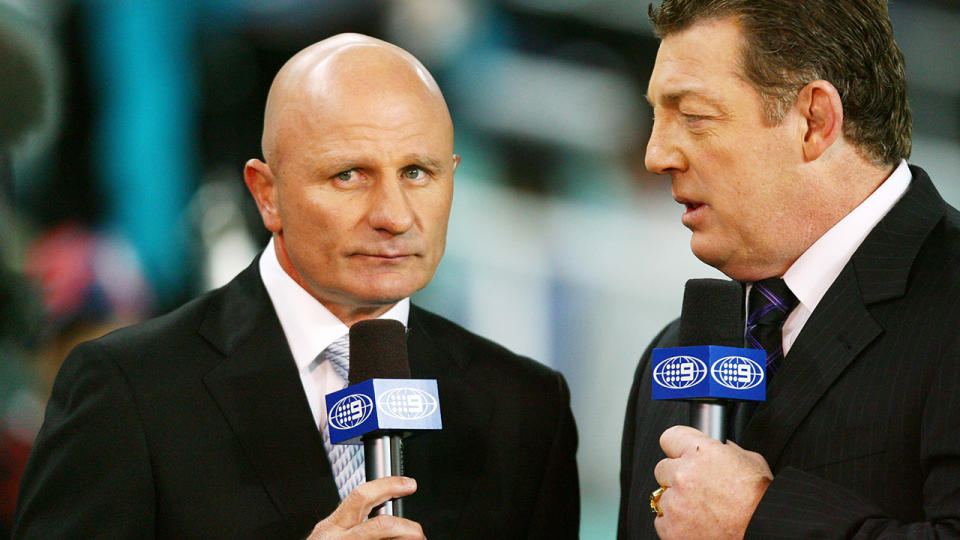Peter Sterling and Phil Gould, pictured here in commentary for Channel Nine in 2008.
