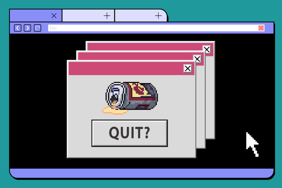 On a 90s-style computer desktop, a cursor hovers over a popup of a can of beer labeled "QUIT?" Multiple other popups appear, with icons of a cheeseburger, an alcoholic drink, a cigarette, a steak, a cup of coffee, and others.