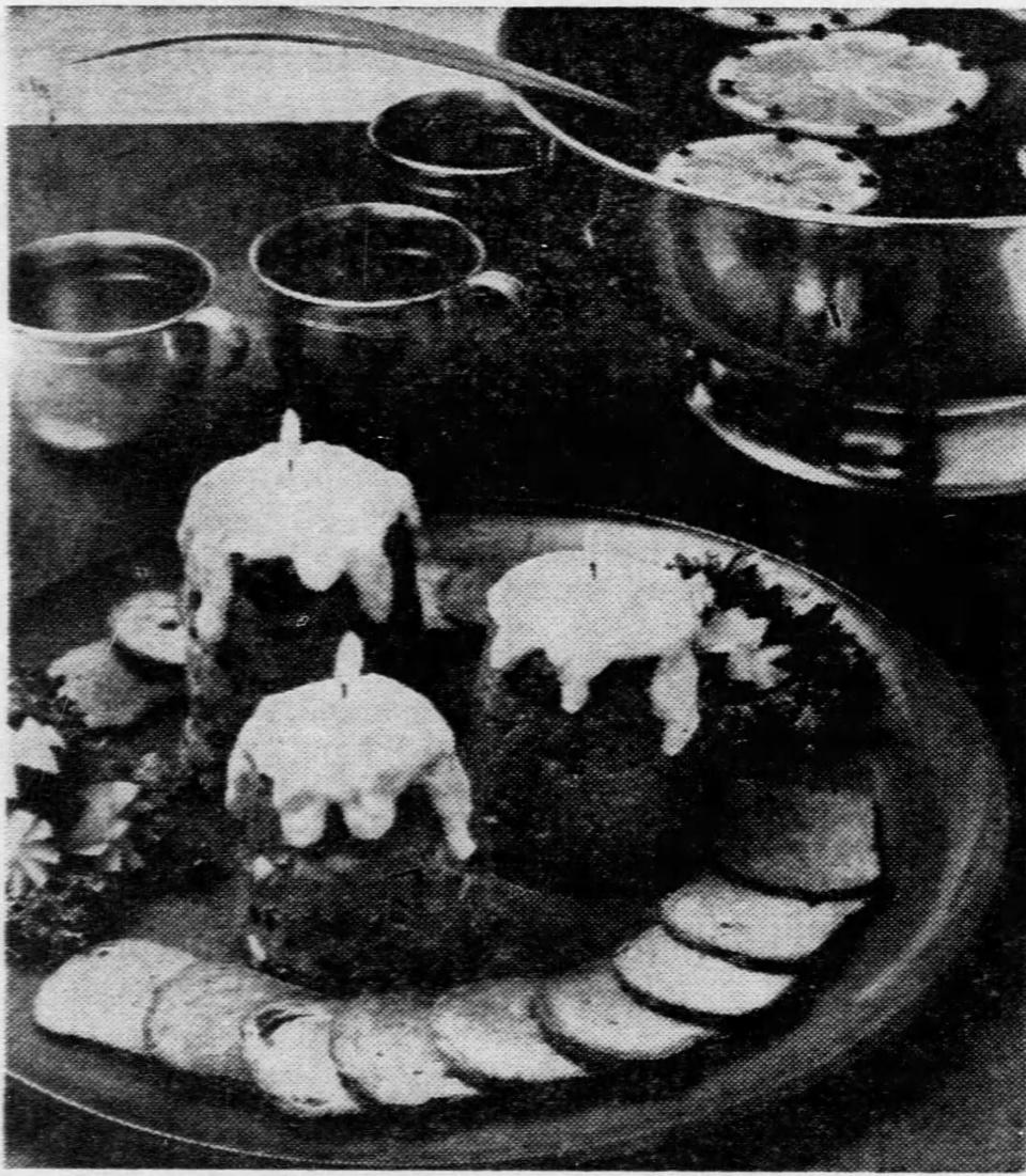 As featured in the Nov. 21, 1971, Hoosier Holiday Cookbook: "Party perky candlespreads will brighten your holiday hospitality. Make them quickly with savory meat spreads."