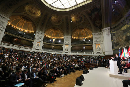 General view of the amphitheatre at the Sorbonne as French President Emmanuel Macron delivers a speech to set out plans for reforming the European Union in Paris, France, September 26, 2017. REUTERS/Ludovic Marin/Pool