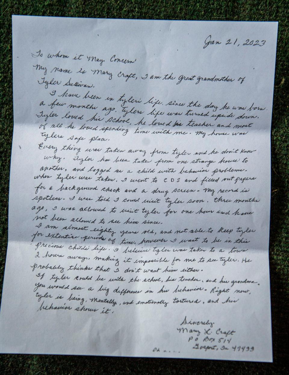 Mary Craft has written letters asking to be able to see Tyler.