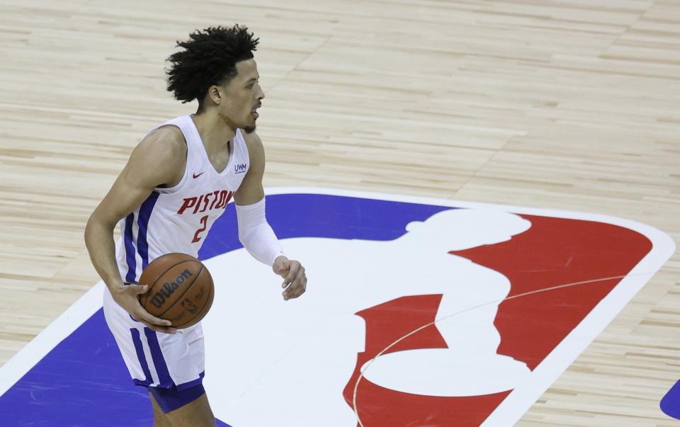 Top overall pick Cade Cunningham of the Detroit Pistons brings the ball up the court against the New York Knicks during the 2021 NBA Summer League at the Thomas & Mack Center in Las Vegas on Aug. 13, 2021. The Pistons defeated the Knicks 93-87. (Ethan Miller/Getty Images)