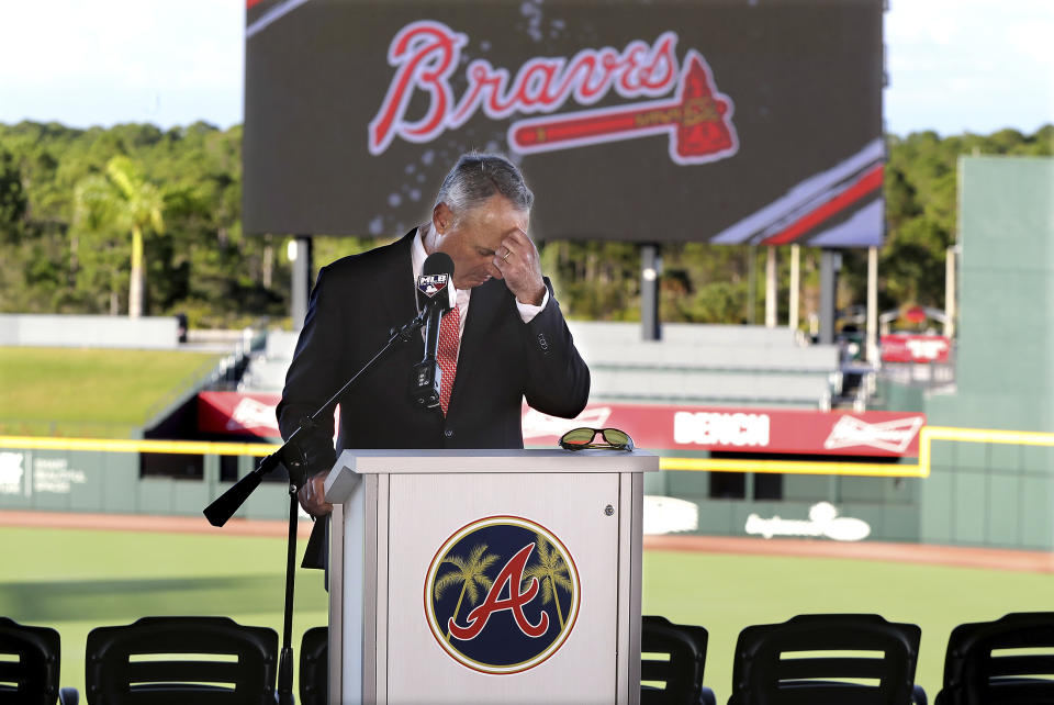 Baseball commissioner Rob Manfred pauses before answering a question about the Houston Astros, during a news conference at the Atlanta Braves' spring training facility Sunday, Feb. 16, 2020, in North Port, Fla. (Curtis Compton/Atlanta Journal-Constitution via AP)